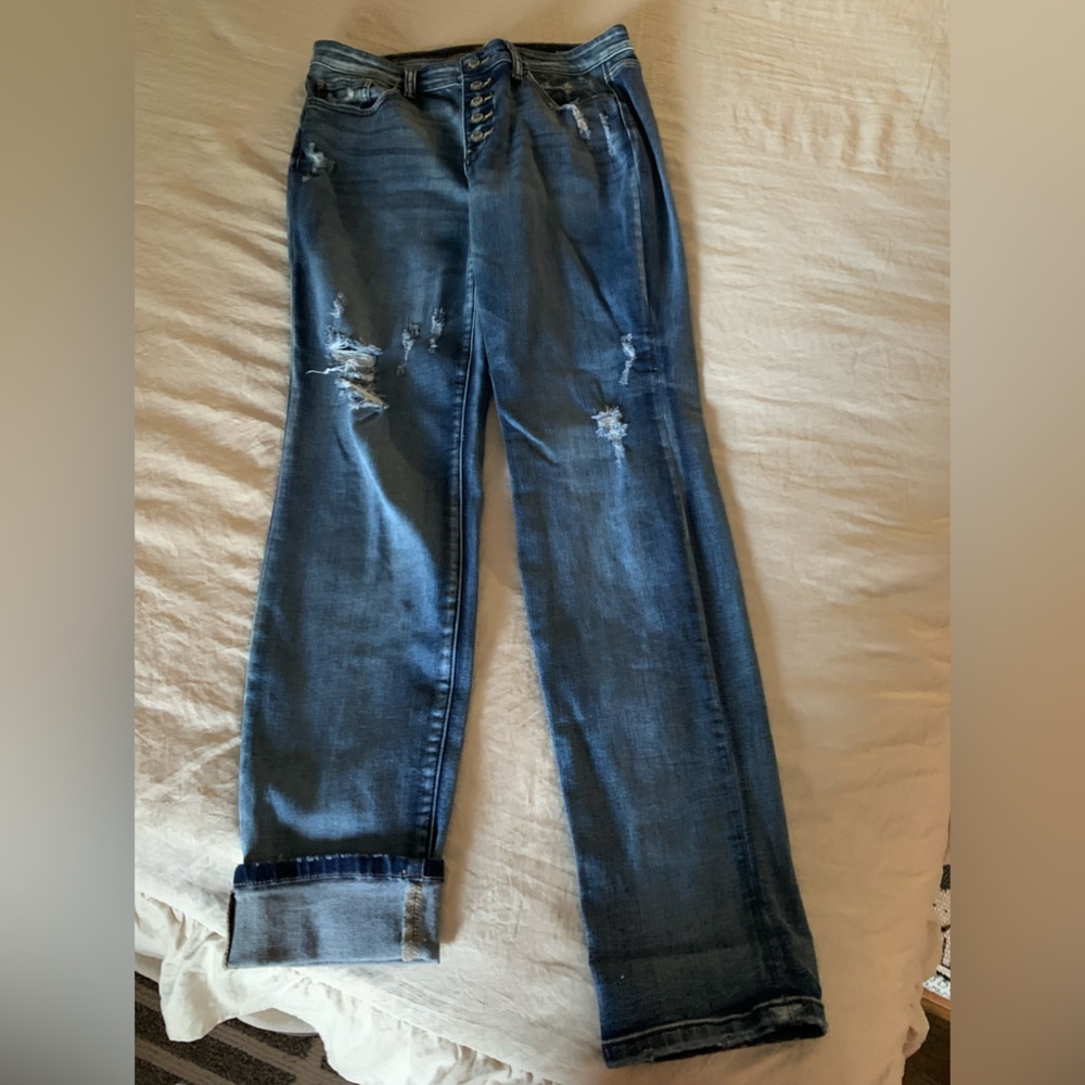 Judy blue jeans, boyfriend fit distressed button fly  extra long jeans